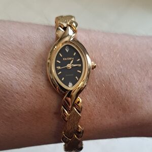 Vintage Elgin Diamond Gold Women's Watch with Black Dial. New Battery